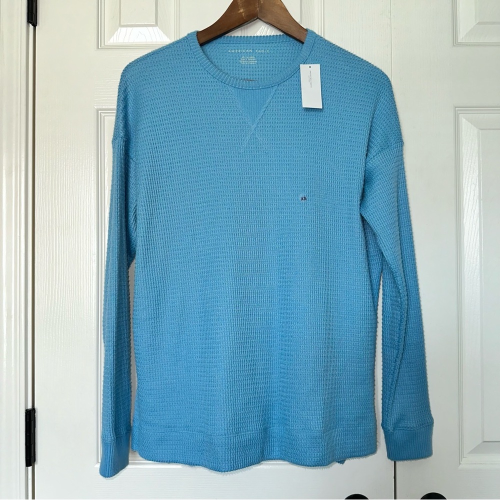 American Eagle Long Sleeve Waffle Tee Shirt Size X-Small Blue Oversized New